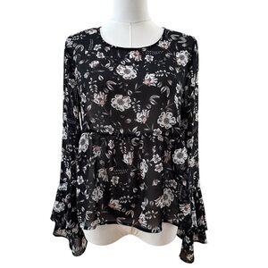 Aeropostale Women's Medium Sheer Black Floral Fairy Babydoll Ruffle Flowy Blouse